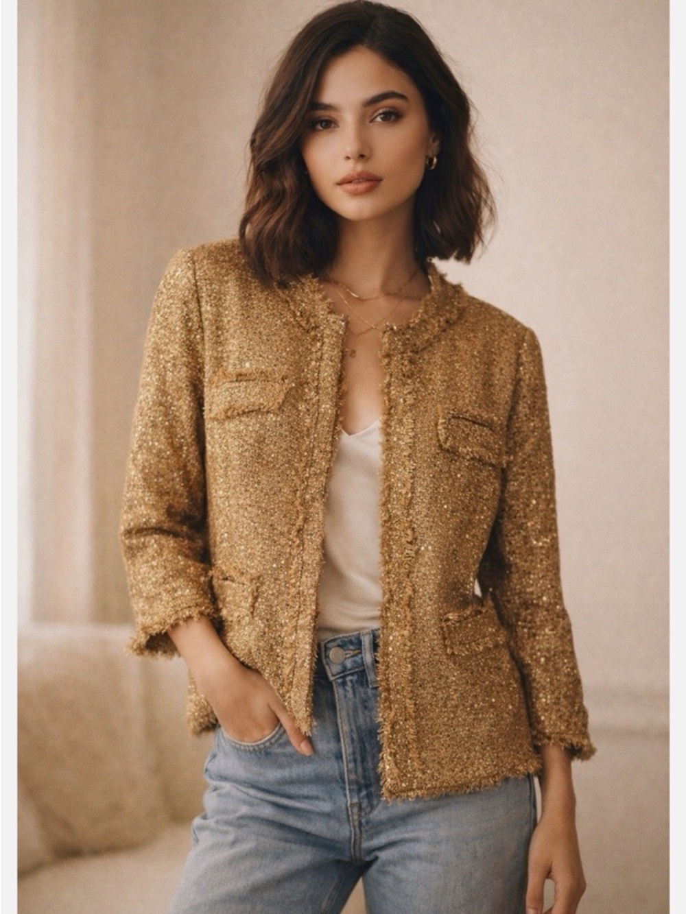 Chicos Gold Sequin Camel Bouclé Jacket Blazer Elegant Women's - Size 3